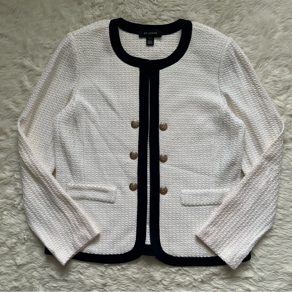 St. John Donna Knit Tweed Wool-Blend Jacket Luxury Chic White Navy Sz 14